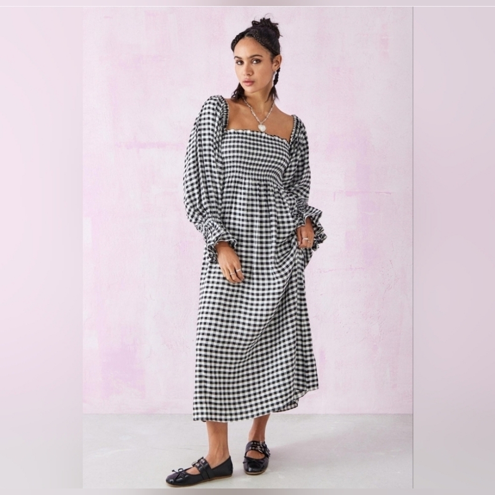 sleeper linenblend gingham atlanta midi dress, medium - Picture 1 of 11